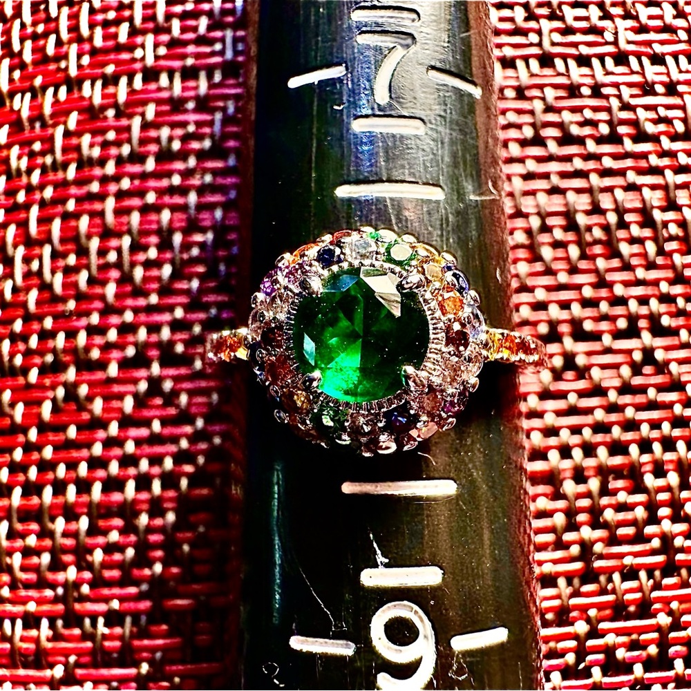Fragrant Jewels Green and Silver Radiance Ring with Rainbow Jewels